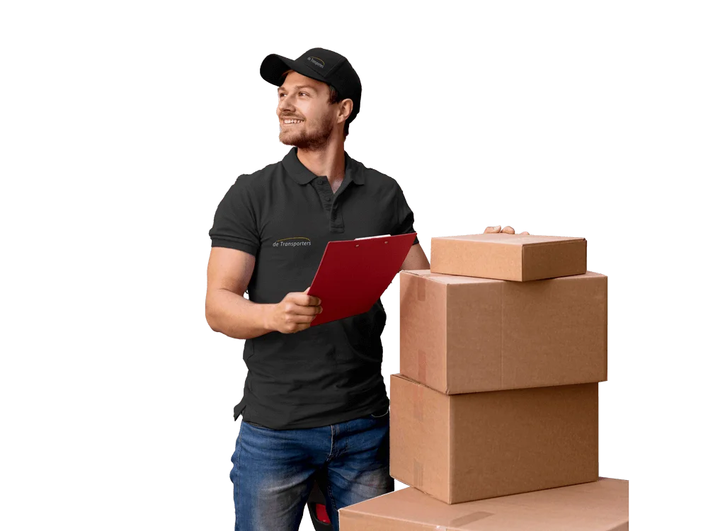 Logistiek medewerker van De Transporters met zwarte pet en shirt, houdt een rode clipboard vast en staat naast een stapel kartonnen dozen.