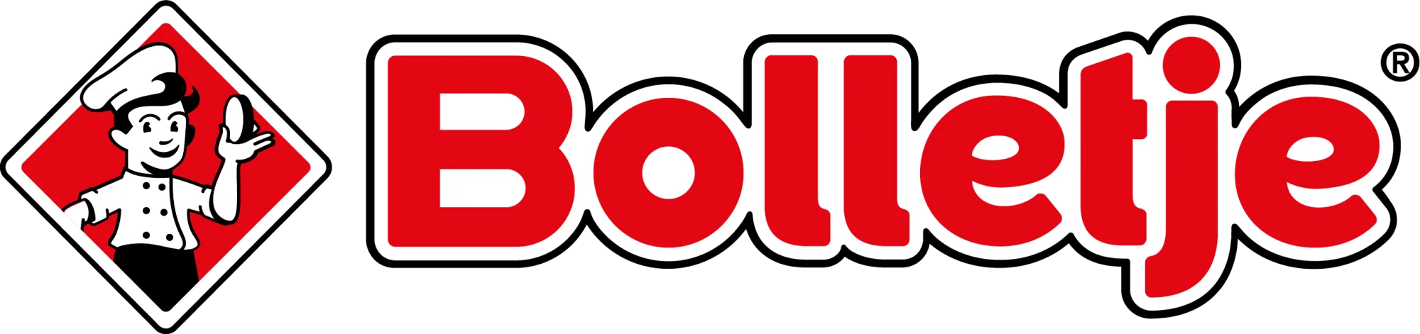 Logo van Bolletje met rode tekst en mascotte van een bakker met koksmuts in een rood ruitvormig kader.