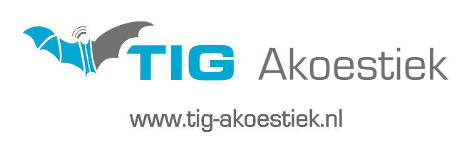 Logo van TIG Akoestiek met vleermuisicoon, bedrijfsnaam en websiteadres www.tig-akoestiek.nl.